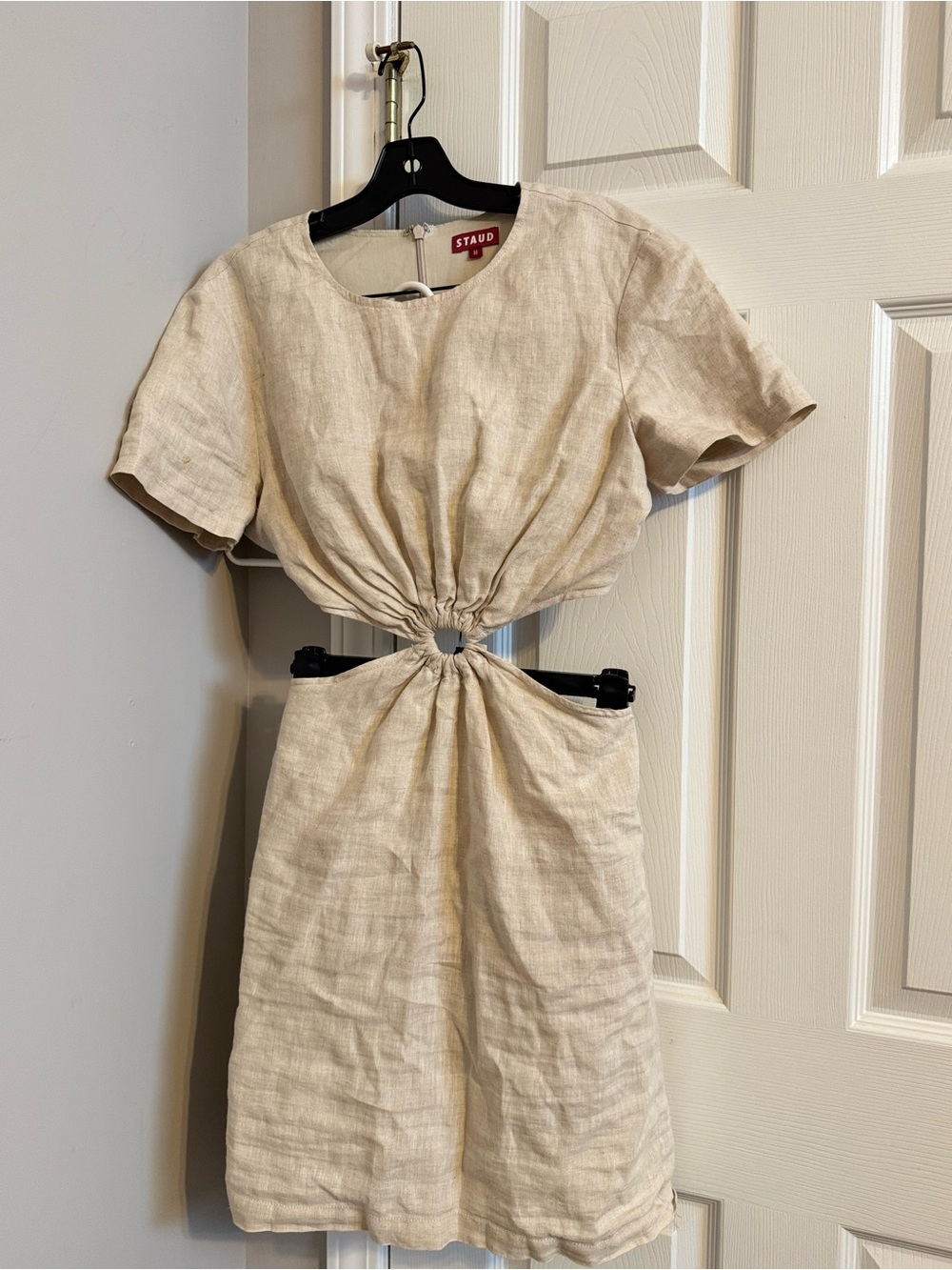 STAUD Natural Beige Linen Cutout Mini Dress